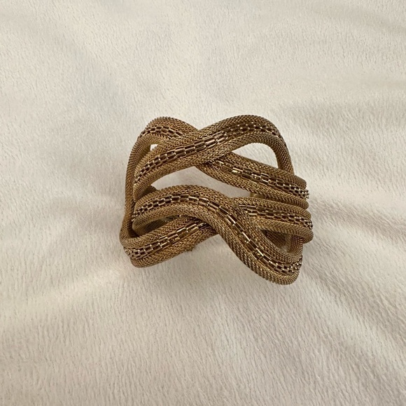 Vintage Gold Tone Mesh And Rhinestone Braided Bracelet - Picture 2 of 11